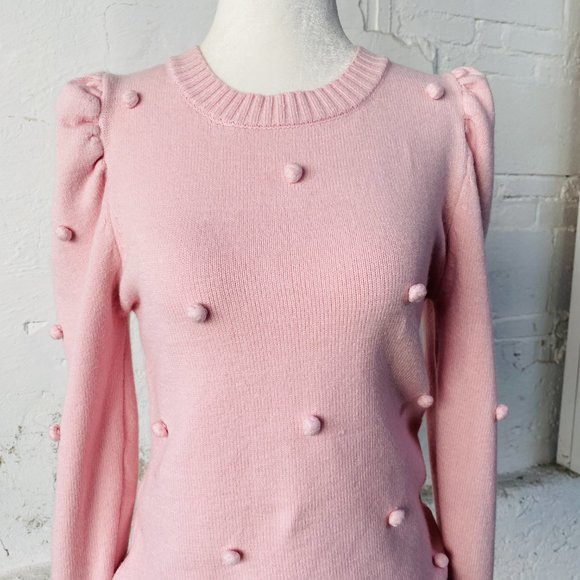 Aaron & Amber Light Pink Puff Sleeve Pom Pom Pullover Sweater (size M) - Picture 5 of 11
